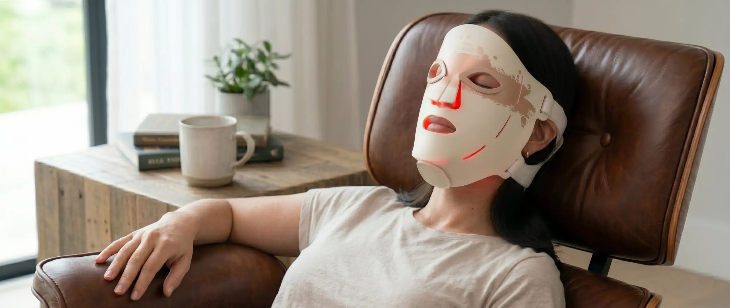 Frau nutzt die flexible Renpho LED-Maske entspannt auf der Couch am Laptop