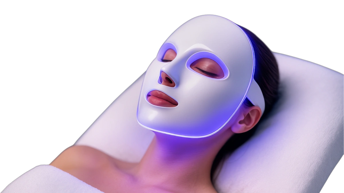 Frau mit geschlossenen Augen entspannt bei einer Hautpflege-Behandlung mit einer bläulich leuchtenden LED-Gesichtsmaske.