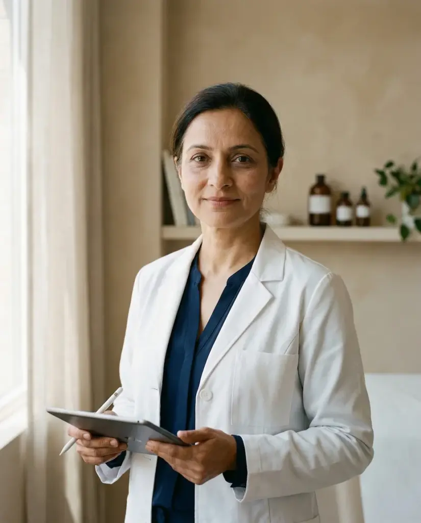 Hautpflege-Spezialistin Anna Hoffmann im Laborkittel - Experten-Meinung zur Anwendung von LED-Masken.