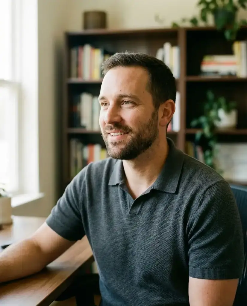 Skincare-Coach Markus Weber vor einem Bücherregal - Fachwissen zur Wirkung von LED-Lichttherapie auf die Haut.